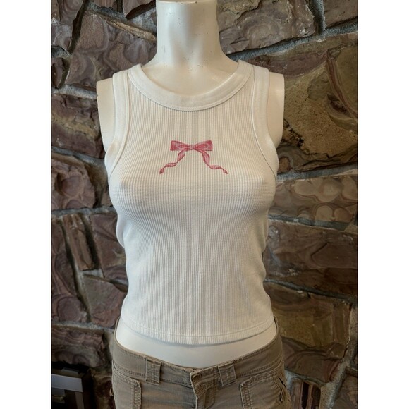 Aeropostale Tops - Aeropostale‎  Pink Bow Cami Women’s S  white  tretch Tank Top cropped
